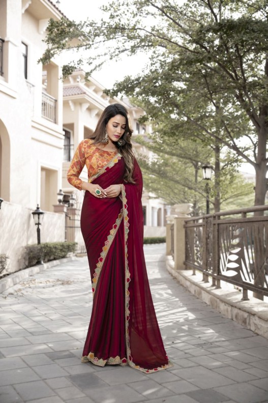 Wine Color Satin Silk Saree By Riwazo