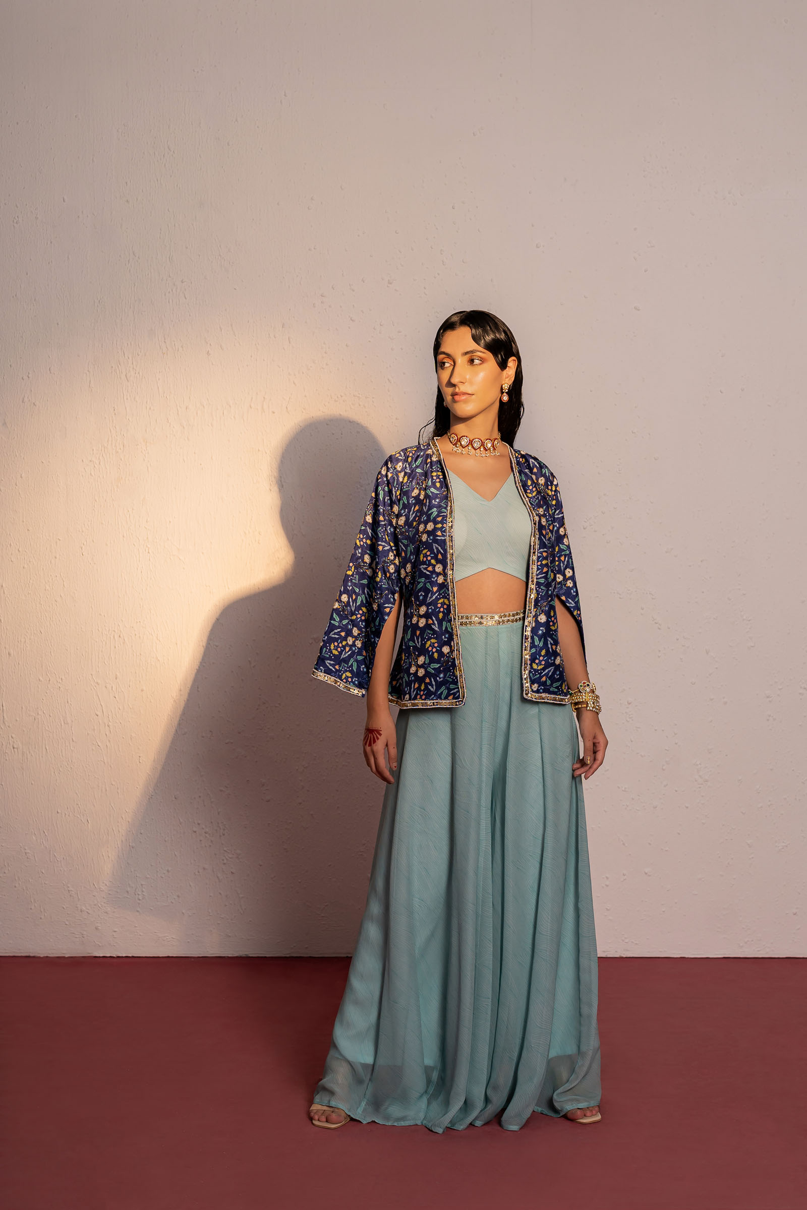 Soup by Sougat Paul Floral Print Jacket And Palazzo Set | Blue, Floral  Print, Crop Top, Sweetheart, J… | Floral print jacket, Blue crop tops,  Lehenga designs simple