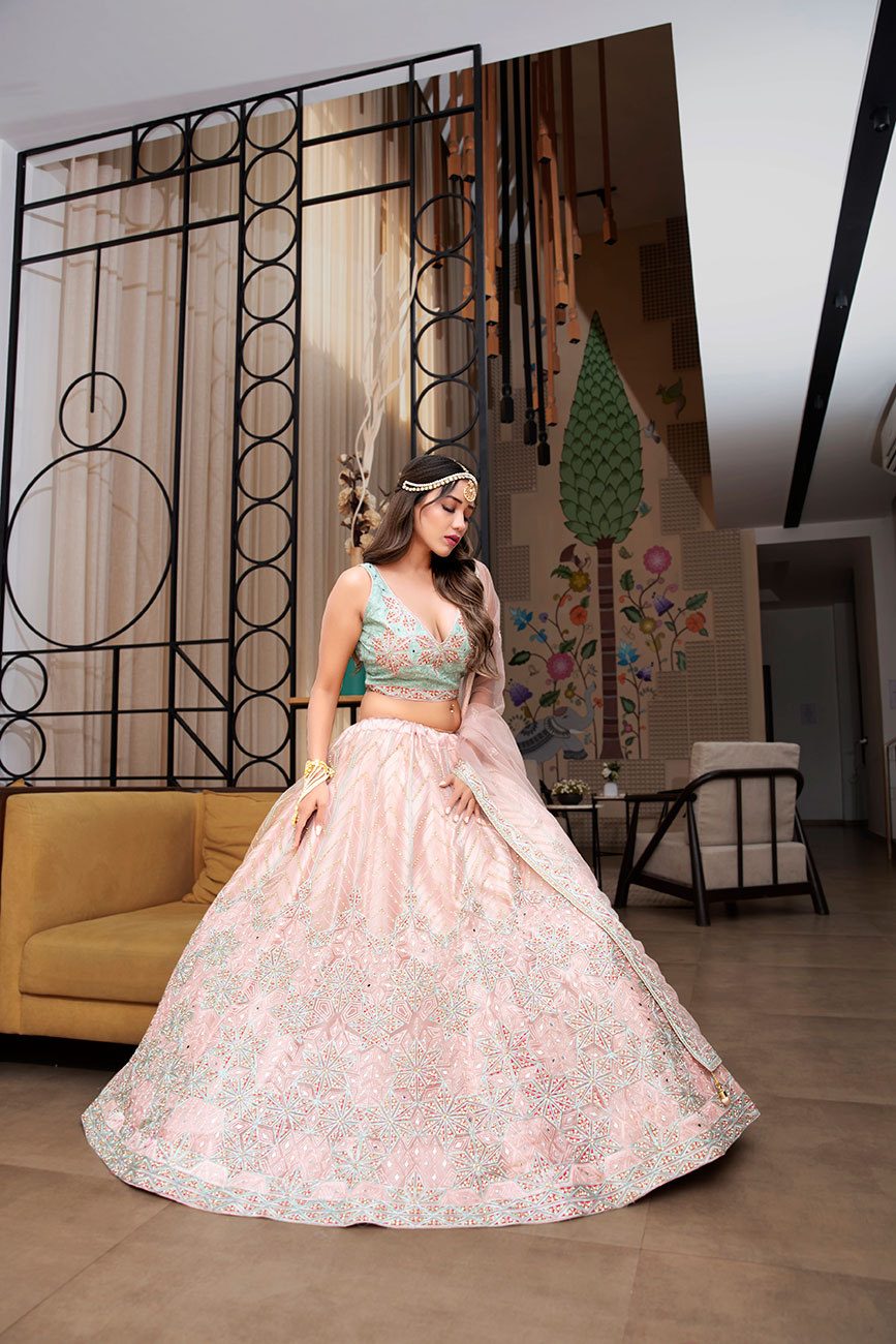 Pink and Green Color Mix Lehenga Choli – Roop Sari Palace