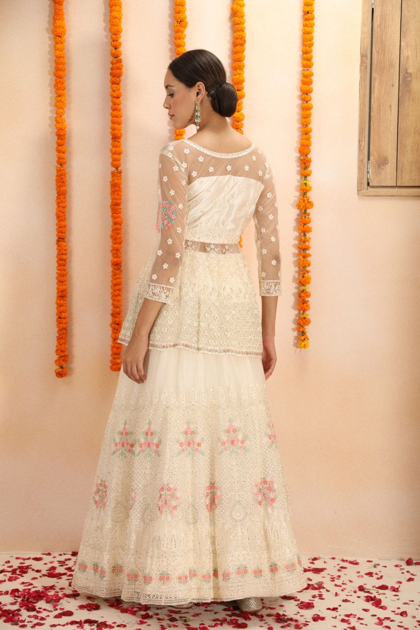 Off White Sequin Embroidery Chevron Design Lehenga in Georgette -...