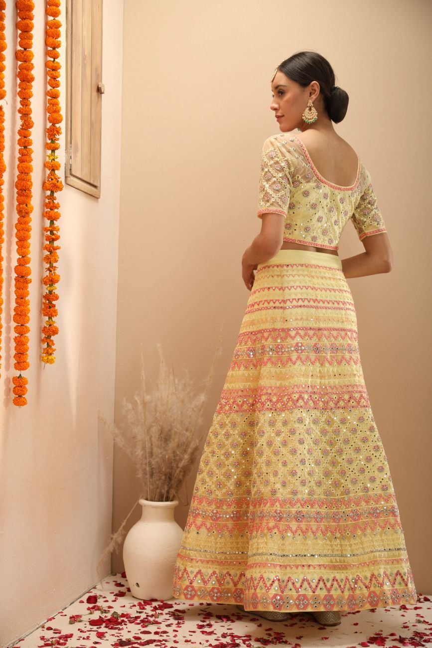 Astha Narang Lemon Yellow Thread Work Lehenga Set | The Grand Trunk