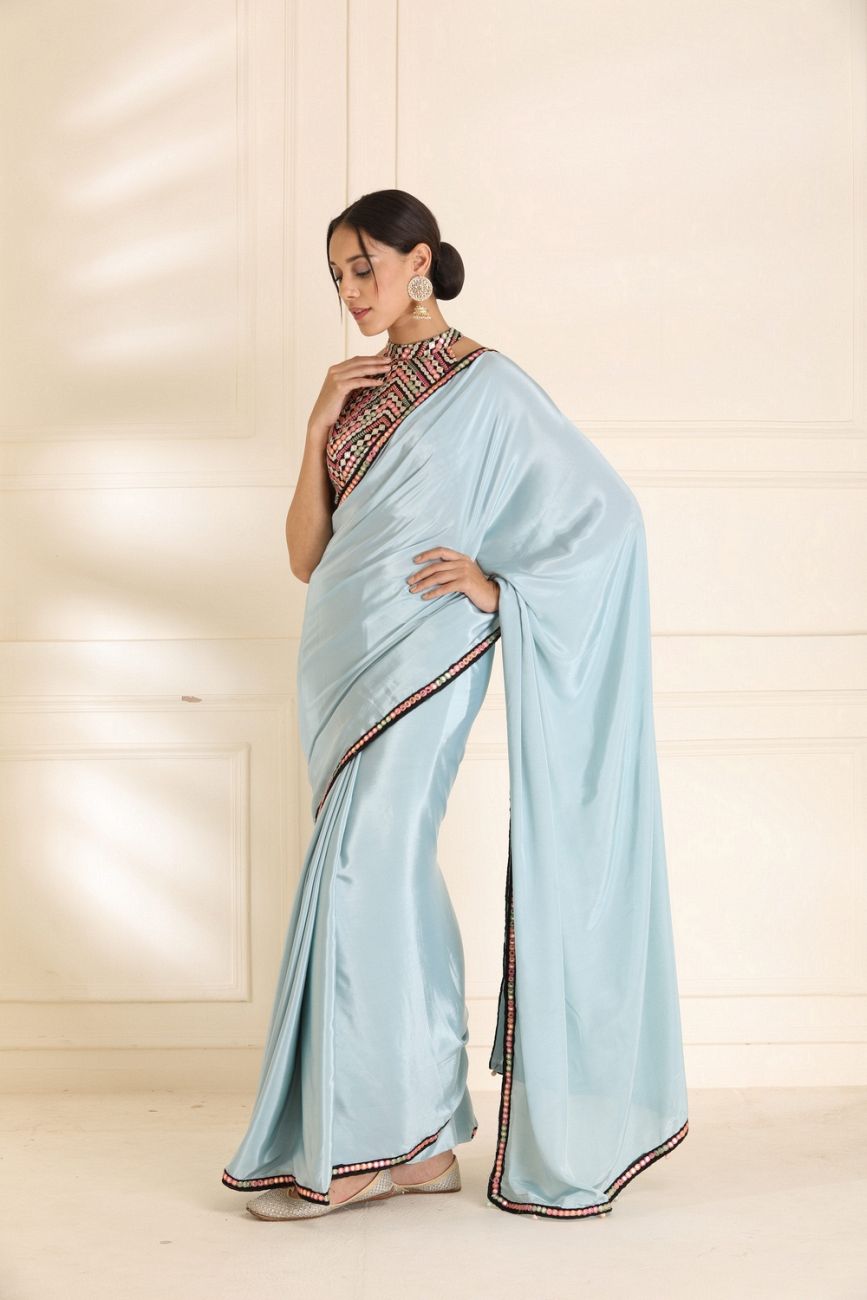 Women's Plain Cotton Silk Saree with Unstitched Blouse Piece-Sky Blue | eBay