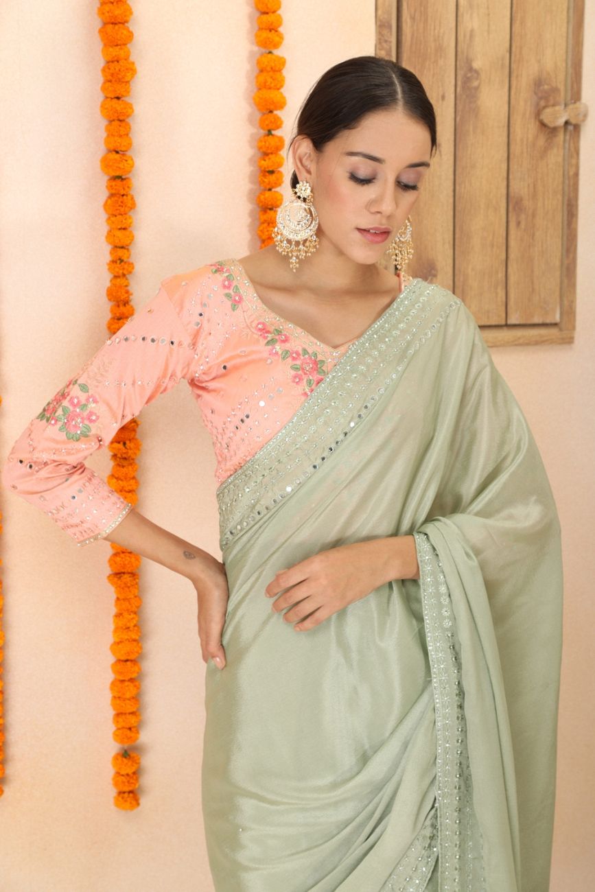 Mint Green Beads Hand Embroidered Saree & Blouse – Talking Threads