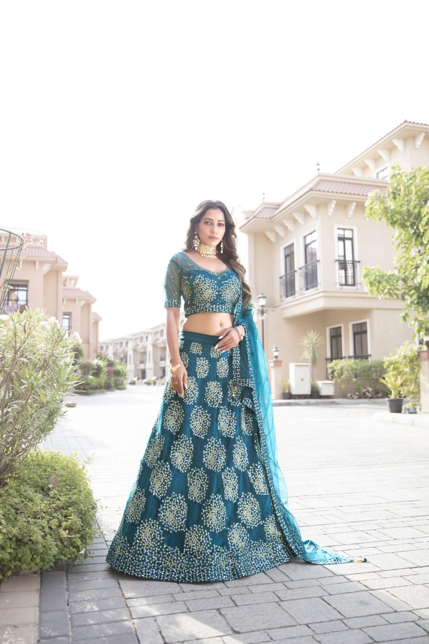 WOMEN LEHENGA Women's Net Semi-Stitched Lehenga Choli, Dupatta Set (SKY BLUE)  |Lehenga Choli|