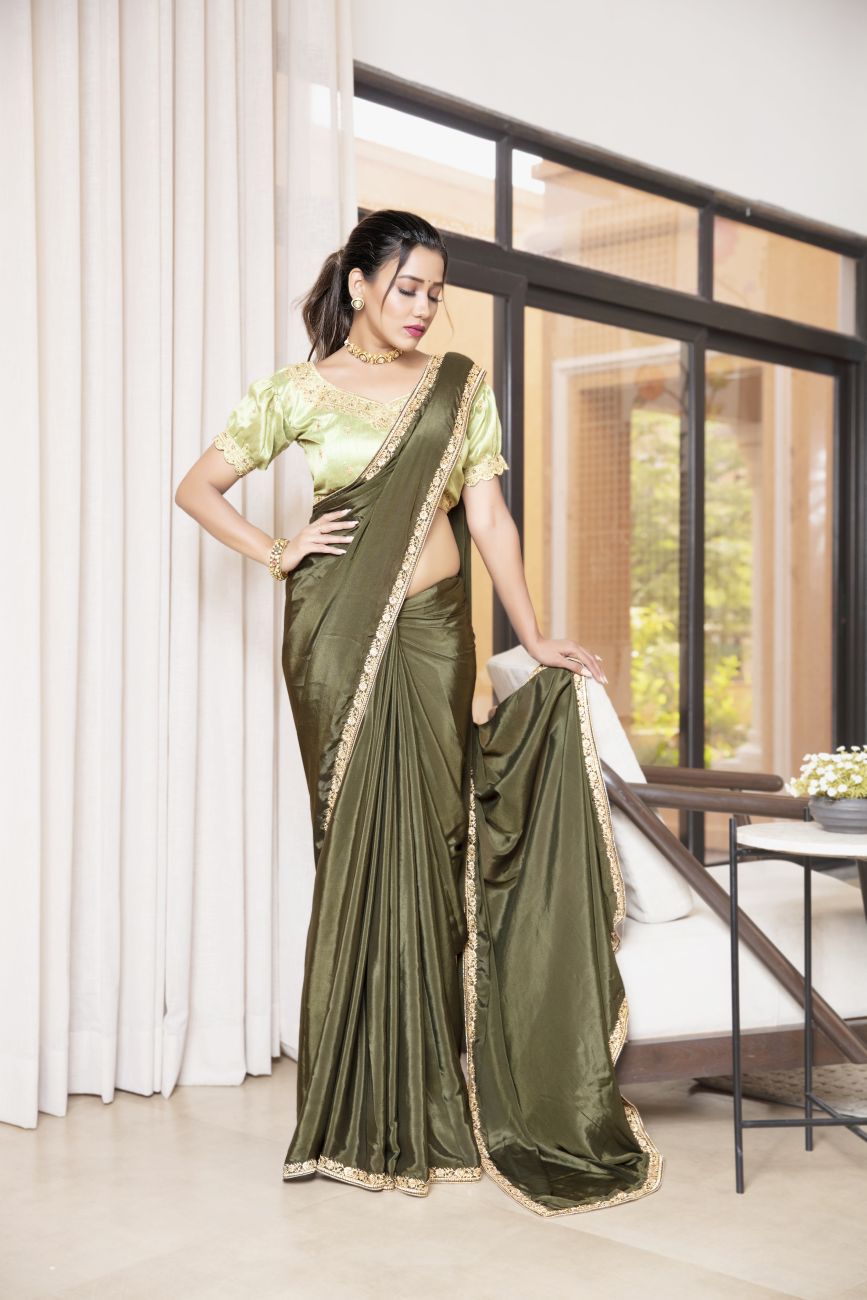 Casual Look Enticing Chiffon Printed Saree In Olive Color