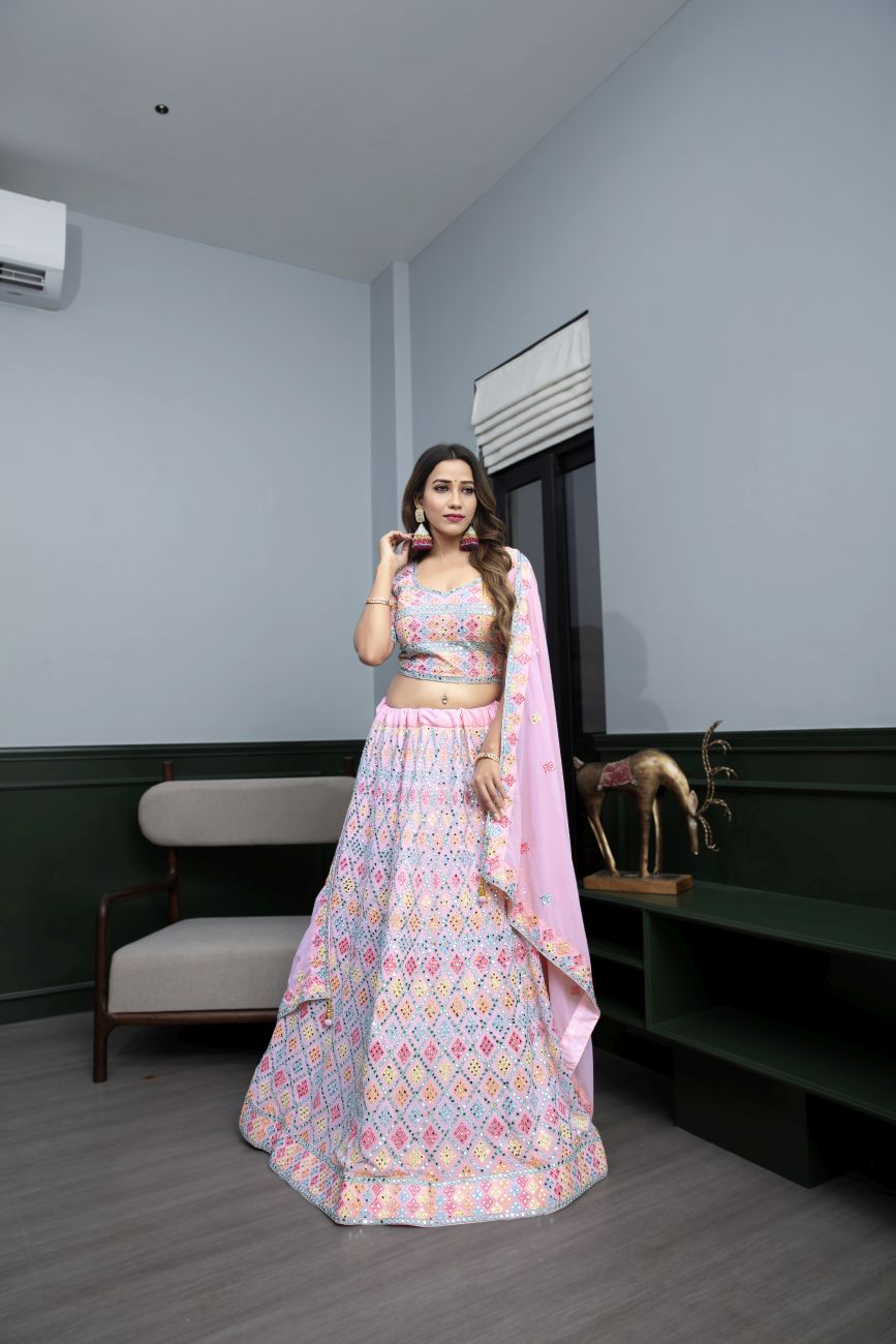 Baby Pink And Baby Blue Embroidered Semi-Stitched Lehenga in Synthetic –  Khatri Jamnadas Bechardas