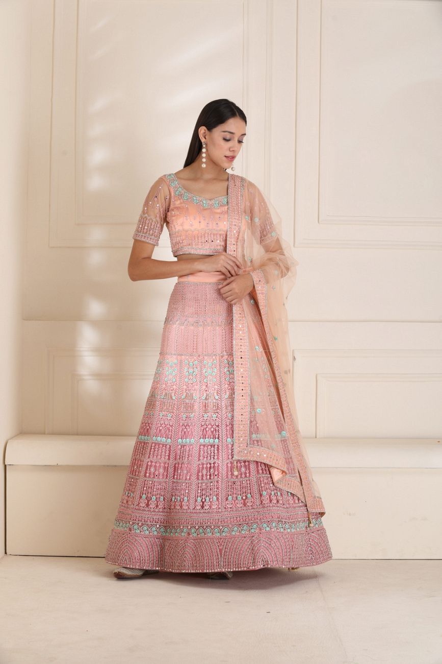 Net Fabric Pink Colour Semi-Stitched Sequence Work Lehenga & Choli with  Dupatta