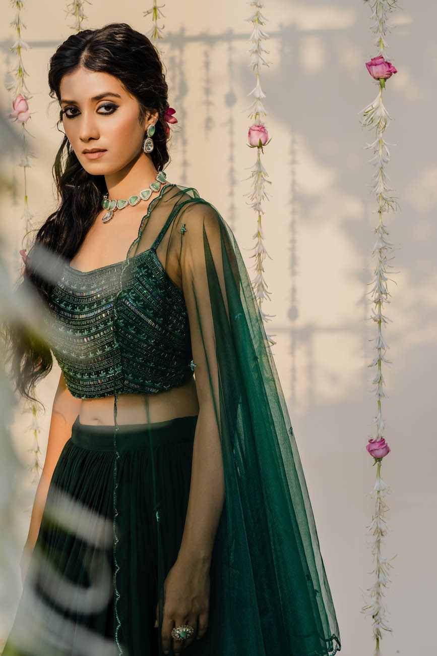 Buy Bottle Green Velvet Bridal Wear Dori Work Lehenga Choli Online From  Wholesale Salwar.