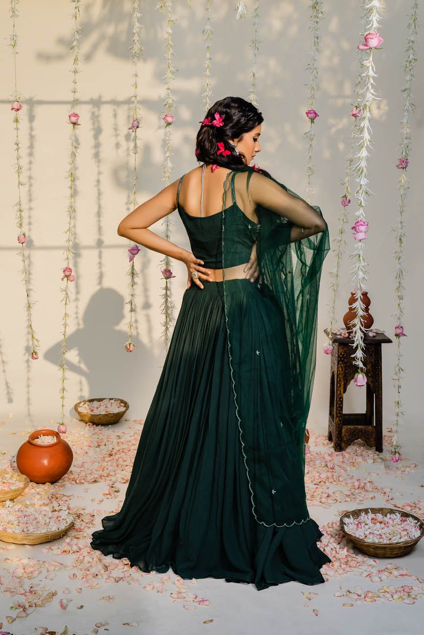 Buy Bottle Green Lehenga In Sequins Fabric With A Cut Dana Embellished  Velvet Corset Online - Kalki Fashion