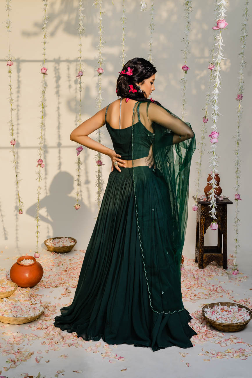 Buy online Bottle Green Floral Semi-stitched Flared Lehenga Choli Set With  Dupatta from ethnic wear for Women by Fashion Basket for ₹849 at 77% off |  2024 Limeroad.com