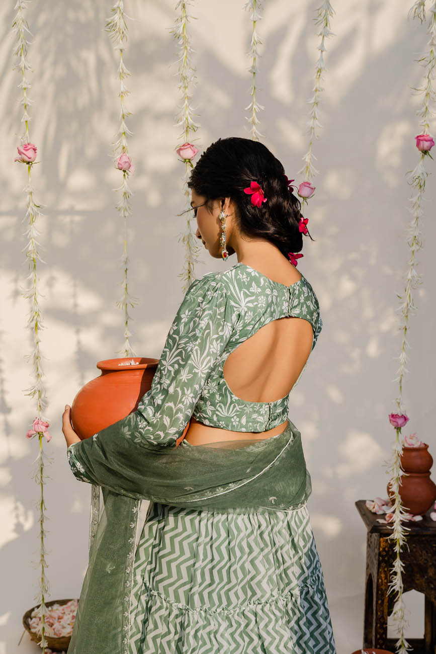 Green Lehenga & Blouse With Embroidered Dupatta