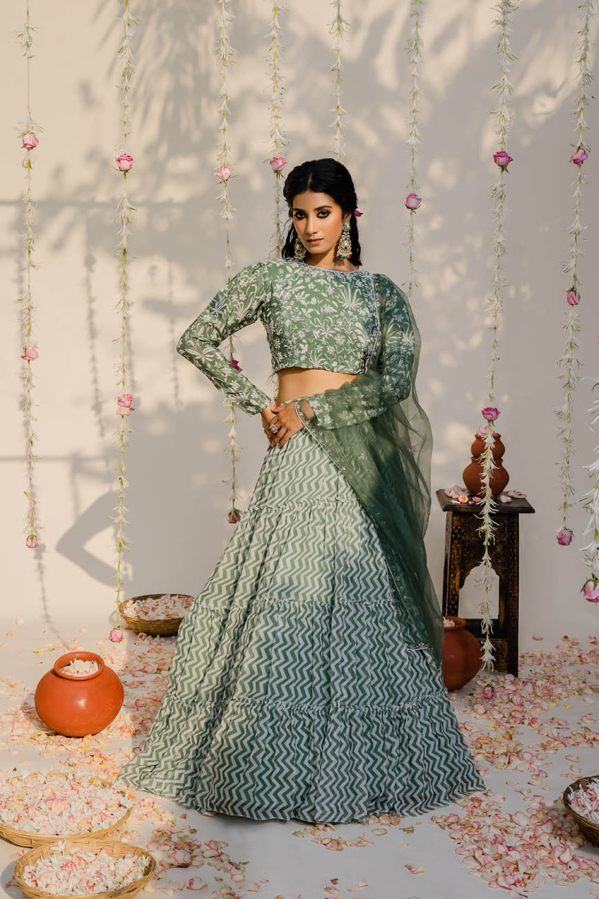 Olive Green Color Party Wear Net Base Designer Lehenga Choli