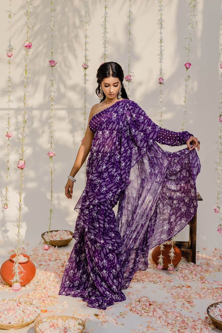 Printed Georgette Saree in Black with Purple floral Print